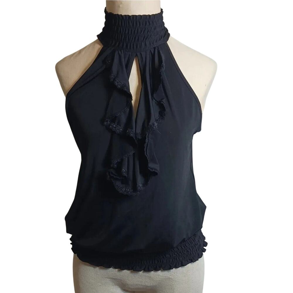 Groovy‎ Y2K 90s XOXO Disco Top Sz M Black HIGH NECK Keyhole  Sleeveless RUFFLE
